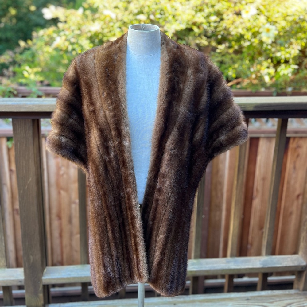 Vintage Mink Brown Fur Stole Open Front Shawl Collar One Size - Picture 2 of 8